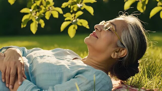 Serene elderly woman relaxing outdoors enjoying sunlight and nature with eyes closed peaceful elderly woman lying on grass bathed in warm sunshine tranquil moment of contemplation and