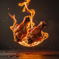 Two fried chicken legs on fire flames burning