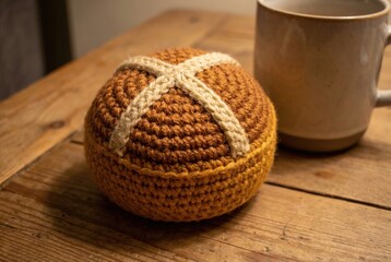 Obraz premium A warm-colored crocheted ball sits next to a mug on a rustic wooden table. The soft light creates a cozy atmosphere, perfect for a relaxing evening at home