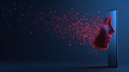 A digital portrait emerges from a glowing screen, hinting at the intersection of technology and humanity, with a surreal aesthetic.  ..Created with Generative AI, not depicting real subjects.