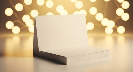 Stack of blank folded greeting cards or invitations mockup against a festive golden bokeh background