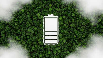 Battery icon surrounded by green forest trees with fog isolated on transparent background