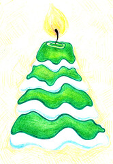 Creative Christmas tree shaped like burning candle. Hand drawn with colored pencils in green, yellow, white. There is snow on fir tree. Cozy holiday illustration for greeting cards, posters, or decor.