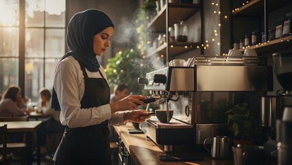 Barista Serving Coffee in Modern Cafe.