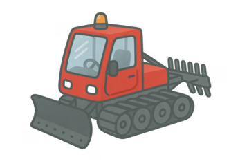 Red snow groomer preparing winter ski slopes