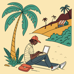 woman on the beach with laptop