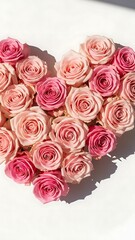 Heartshaped arrangement of pink roses on a white surface