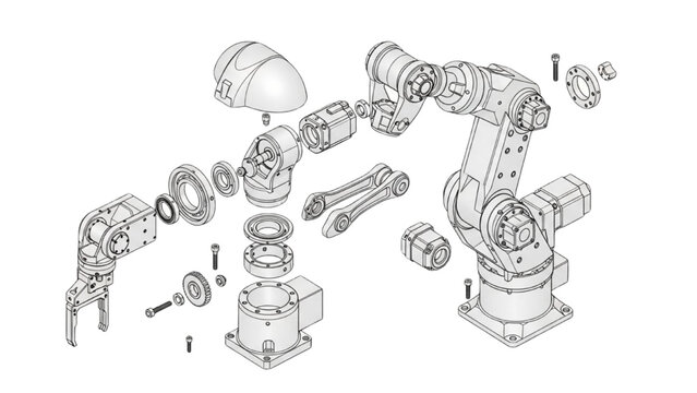 Exploded View of Industrial Robotic Arm Assembly, Mechanical Components, Engineering Illustration, Technical Environment, Detailed Perspective
