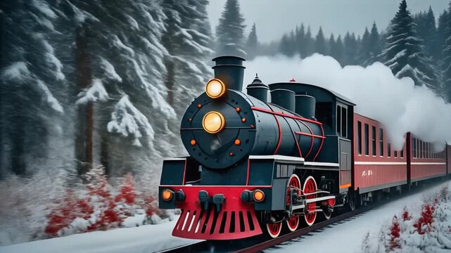 Vintage Steam Train Traveling Through Snowy Winter Forest Landscape