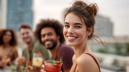 Happy woman enjoying rooftop party with cocktail and friends. Summer celebration gathering with drinks, smiling people socializing outdoors. Urban lifestyle, friendship and joyful moments together.