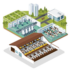 Isometric illustration of a modern dairy farm showing cows in a barn, automated milking parlor, milk processing, and storage silos. © Angga JF