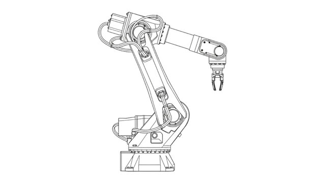Side View Industrial Robotic Arm Technical Line Drawing for Factory Automation