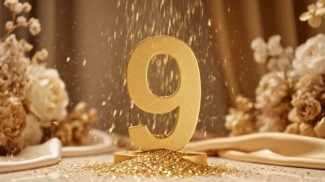 Golden number 9 amidst falling sparkles and soft flowers