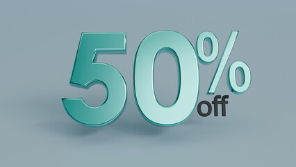 50% Off Special Offer 3D Rendered Typography. Vibrant Green Cartoon Style Text for E-commerce Clearance and Commercial Advertising Campaigns.