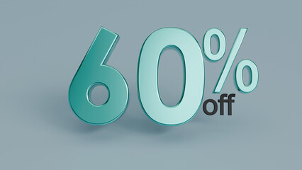 60% Off Special Offer 3D Rendered Typography. Vibrant Green Cartoon Style Text for E-commerce Clearance and Commercial Advertising Campaigns.