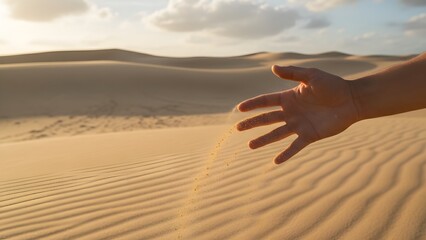 Hand Touching Sandy Desert Dunes Landscape.