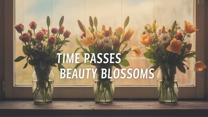 Three Vases with Flowers on Windowsill.