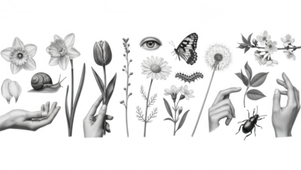 Black and White Floral Collage with Human Hands and Insects