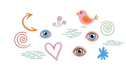 Obraz premium Colorful Whimsical Illustration of Eyes, Bird, and Symbols on Black Background