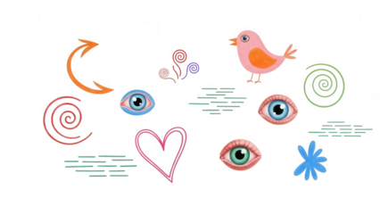 Colorful Whimsical Illustration of Eyes, Bird, and Symbols on Black Background
