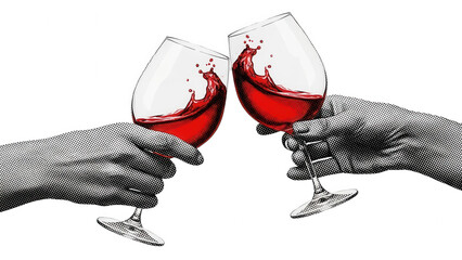 Hands Clinking Wine Glasses with Red Liquid Splashing