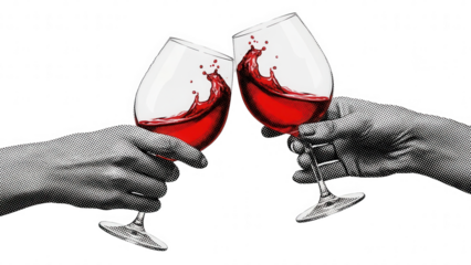 Hands Clinking Wine Glasses with Red Liquid Splashing