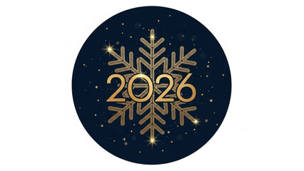 Naklejka premium Golden snowflake with the year 2026 festive winter holiday design element with sparkling lights isolated on dark blue background