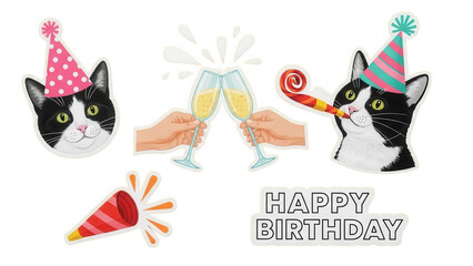 Whimsical Cat Birthday Stickers with Party Hats and Champagne