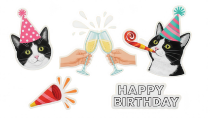 Whimsical Cat Birthday Stickers with Party Hats and Champagne