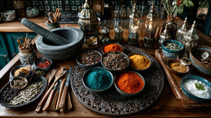 Fototapeta premium Overhead view depicting cooking with spices in a rustic kitchen with bowls of colourful ground spice and scattered powder on an old scored wooden counter with copyspace