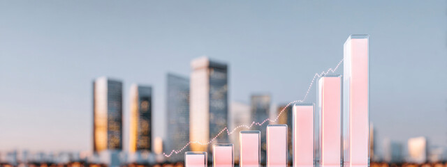 Glass-like 3D bar chart in front of city buildings, symbolizing economic rise, business growth, and modern financial success. banner 
