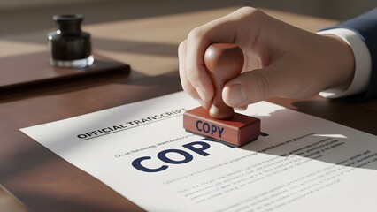 Hand Stamping Copyright Document with Stamp.