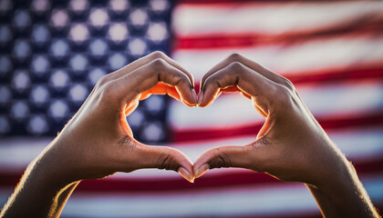 Hands form a heart in front of the American flag. Symbol of pride in the American homeland