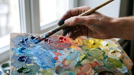 Artists Hand Mixing Paint on Palette.