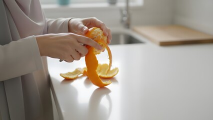 Woman Peeling Orange in Modern Kitchen.