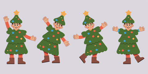 Four playful cartoon boys dressed as decorated Christmas trees on a grey background Keywords: christmas, tree, costume, boy