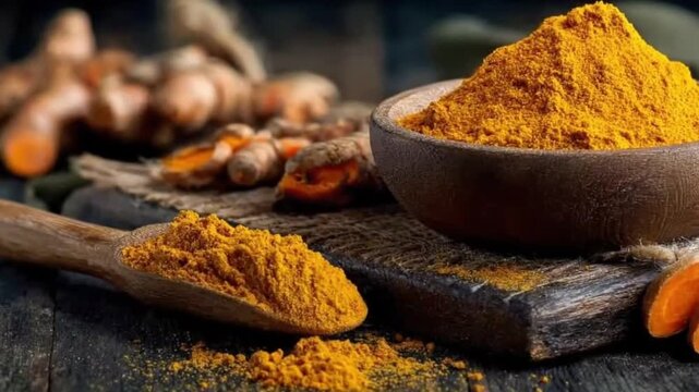 A close-up shot reveals vibrant golden turmeric powder, artistically piled within a rustic wooden bowl and elegantly displayed on a wooden spoon. Fresh, raw turmeric roots, some whole and some thought