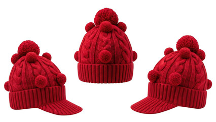 Red knitted hat with pom poms isolated on transparent background