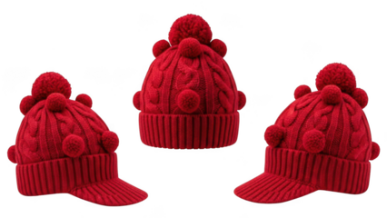 Red knitted hat with pom poms isolated on transparent background