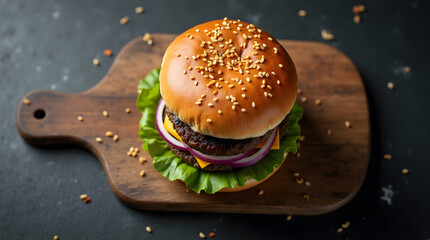 Overhead view gourmet beef burger with fresh vegetables on wooden board dark background