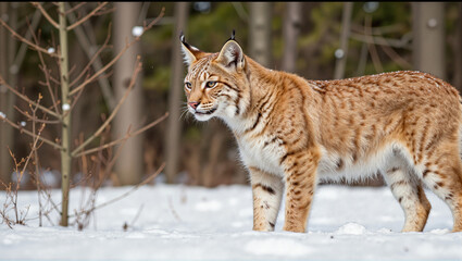 Obraz premium Lynx standing in snow-covered forest looking alert in winter 