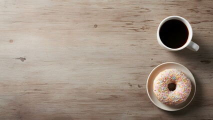 Coffee and Donut on Wooden Table.