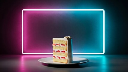 Elegant strawberry cake slice illuminated by dynamic pink and blue neon glow.