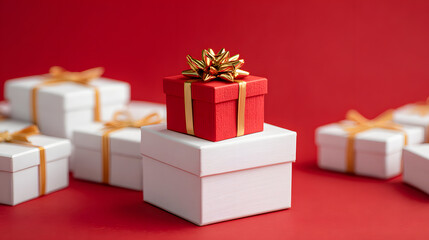 Obraz premium Small Red Gift Box on Stack of White Presents Background