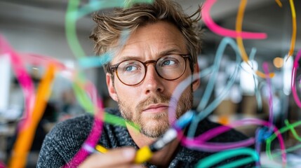 Focused professional sketches colorful abstract shapes on transparent surface