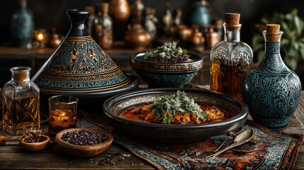 Fototapeta premium High Angle View of Traditional Tajine Dishes and Fresh Ingredients Served on Rustic Wooden Table with Cloth Napkin and Ample Copy Space