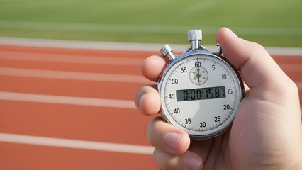 Hand holding stopwatch on running track.