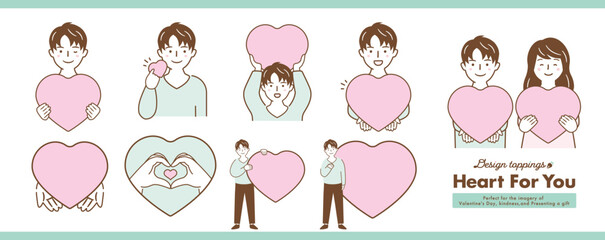 バレンタインデーの贈り物で愛を伝える男性とカップルの恋人、ハートいっぱいのバレンタイン人物イラスト