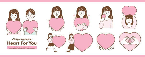 バレンタインデーの贈り物：ハートを持つ女性と恋人の安心した笑顔のカップルに愛が溢れる人物イラストセット