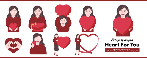 ハートと微笑む女性の人物：バレンタインデーや母の日に愛のハートギフトを渡すイラスト